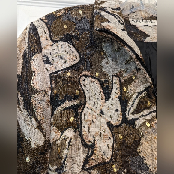 Anage Vintage 90s Beaded brown floral full zip tapestry Embroidered blazer sz L - Picture 3 of 9